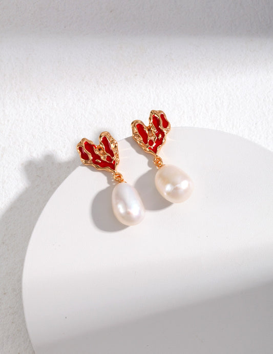 Crimson Heart Pearl Earrings